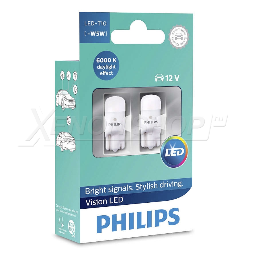 Светодиодные габариты W5W Philips Vision LED (Филипс Вижн Лед) T10 6000K -  127916000KX2 купить в XenonShop